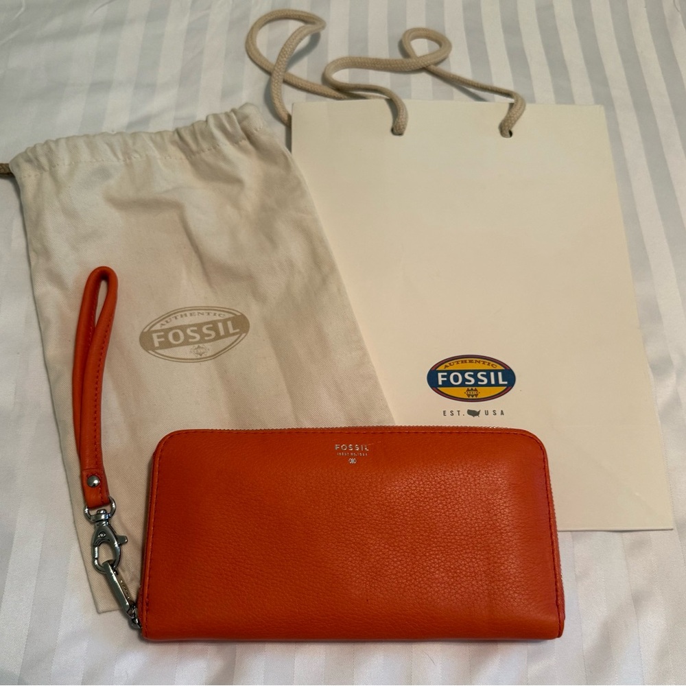 Fossil Orange Leather Wristlet